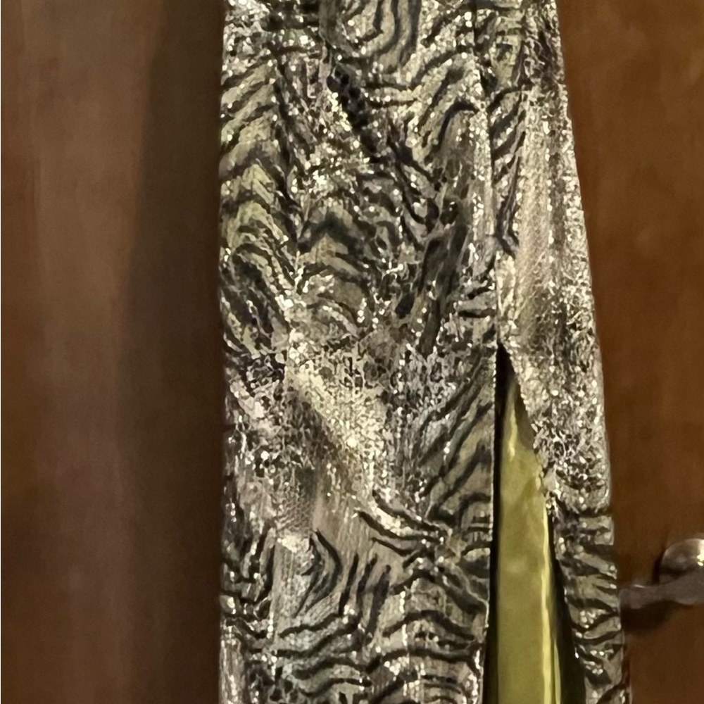 Terani Couture Black and Green Asymmetrical Maxi Dress